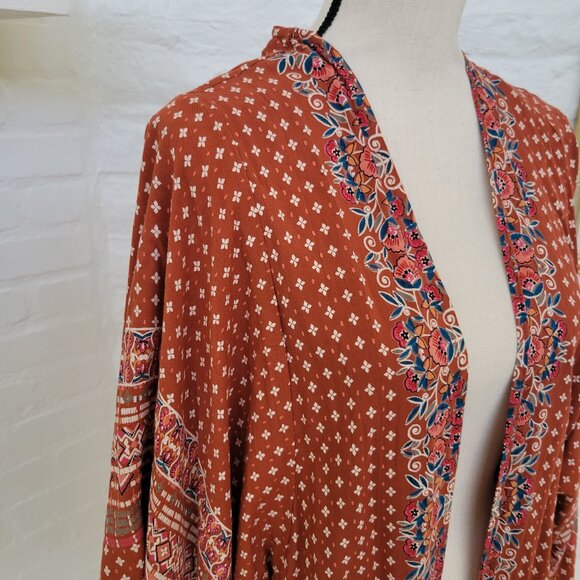Angie Womens Kimono Duster Small Long Rust Orange Red Floral Polka Dot Pattern - Picture 3 of 10